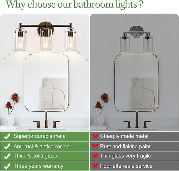 3-Light Bathroom Light Fixtures 2023 Upgrade, Oil-Rubbed Bronze Modern Vanity Lights with Clear Glass Shade, Bathroom Wall Sconces for Mirror Bedroom Living Room Cabinet