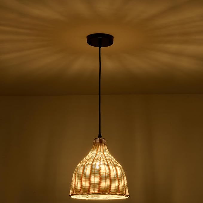 Hard Wired Rattan Pendant Lights Set of 2,Boho Wicker Chandelier with 9.84” Dome Shade, Basket Hand Woven Hanging Lamp for Coastal Kitchen Island Dining Room Living Room Bar Foyer Hallway