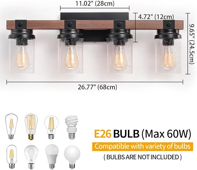 4-Light Farmhouse Vanity Lights Bathroom Lighting Fixtures Over Mirror | Faux Wood Rustic Wall Mount Light with Clear Seeded Glass Shade,Industrial Black Metal Wall Sconces for Bathroom Living Room