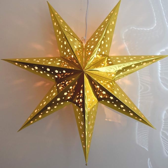 Paper Star Lantern Decoration (Galaxy Gold 7-Point Shining Star) - Perfect for Weddings, Christmas Holiday, Birthday Party Celebration & Home Decor