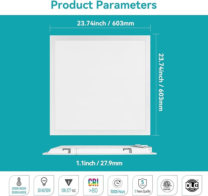 2x2 LED Flat Panel Light – 24 Pack | 3 Wattage 30W/40W/50W & 4 CCT 3K/4K/5K/6K Selectable, 0-10V Dimmable, 5500LM, ETL Listed, 100-277V