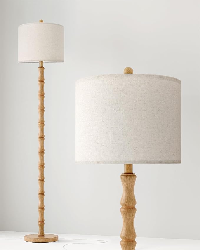 62" Farmhouse Floor Lamp for Living Room, Rustic Standing Lamp with Linen Shade and Rotary Switch, Tall Resin Corner Floor Lamp for Bedroom, Nursery, Office, Home Decor