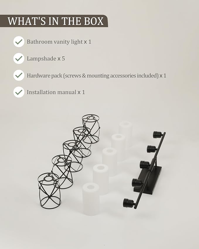 5-Light Matte Black Bathroom Light Fixtures Over Mirror, 38" UL-Listed Modern Farmhouse Wall Sconce Lights with Milk White Frosted Glass and Metal Cage for Bath, E26, CH9176BKW-5W