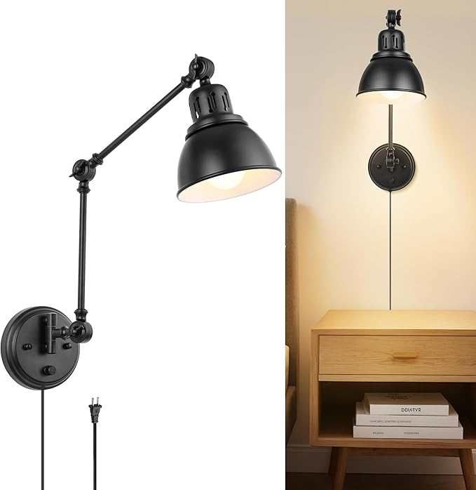 GOODATE 1 Pack Plug in Wall Sconce, Dimmable On Off Switch, Swing Arm Wall Lamp, Black Metal Industrial, Plug in Wall Light (Black, Without Bulb+Remote)