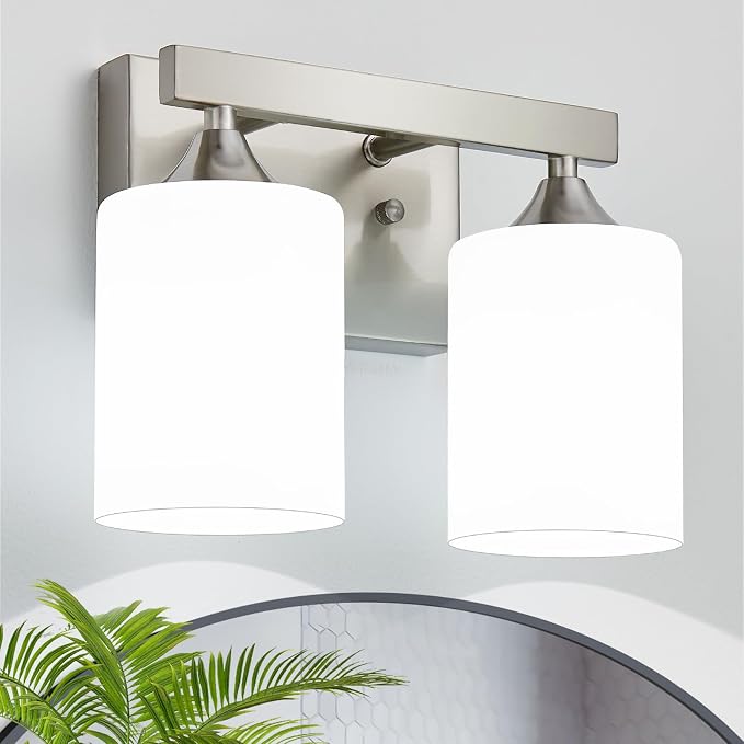 ZHU YAN 2-Light Bathroom Vanity Light,Brushed Nickel Bathroom Light Fixture,Milky White Glass Shades,Modern Bathroom Wall Lamp for Mirror Living Room Cabinet Bedroom E26 Socket