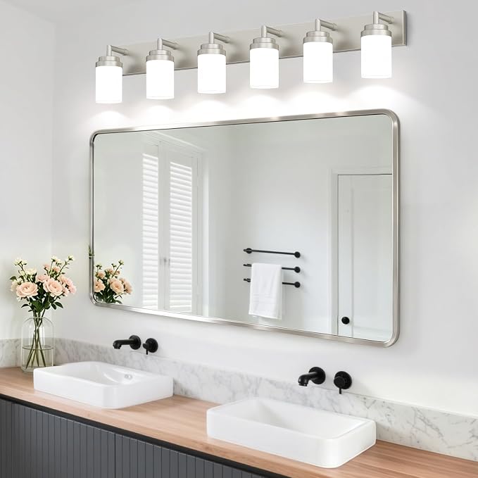 Bathroom Light Fixtures, Brushed Nickel Bathroom Lighting Fixtures Over Mirror, Modern Vanity Light with White Glass Shade, Restroom Lighting Fixtures, 6-Light 46-inch