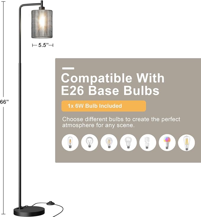 66" Black Floor Lamp for Living Room, Boho Floor Lamp with LED Bulb, Foot Switch, Gray Rattan Shade, Industrial Tall Farmhouse Standing Lamp for Bedroom, Dining Room, Study Room, Office