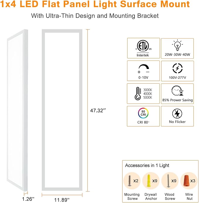 2-Pack 1x4 FT Surface Mount LED Panel Light, 0-10V Dimmable | 40W-30W-20W & 3000K-4000K-5000K Selectable, Bright 4400LM, for Kitchen, Shop, 100-277V, ETL Listed, White
