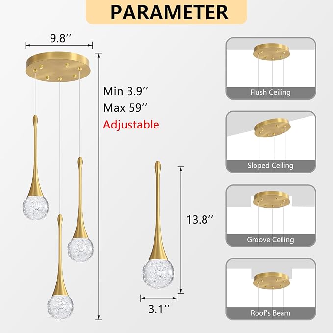 cenzoz 3-Lights Modern Pendant Lights for Kitchen Island LED Dimmable Crystal Glam Ceiling Pendant Lighting Chandelier for Dining Room Hallway Bedroom Corner Lamp Antique Gold