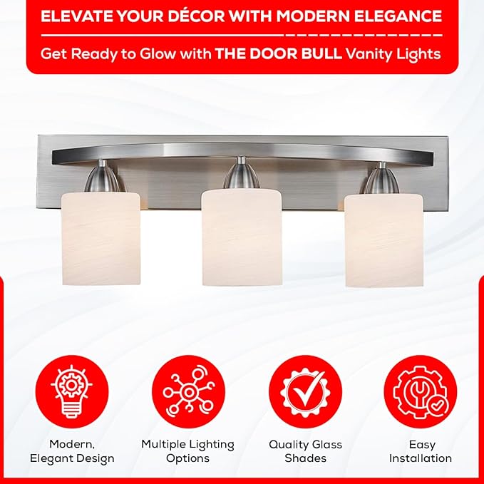 3-Light Bathroom Vanity Bar Light Fixture - Brushed Nickel | Modern Frosted glass shades with E26 socket. Matte Wall sconce lighting perfect over mirror, kitchen, hallway, or entryway