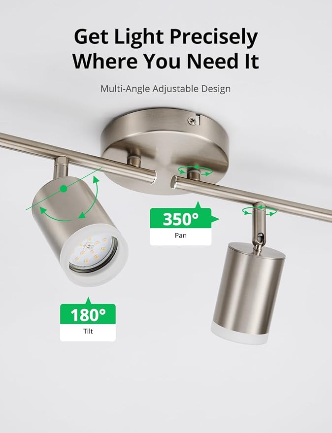 Bojim Track Lighting Fixtures Ceiling Mount for Kitchen, Nickel 4 Way LED Spot Lights Indoor, Flexible Modern Track Light GU10 Socket for Dining Room, Bulbs Not Included