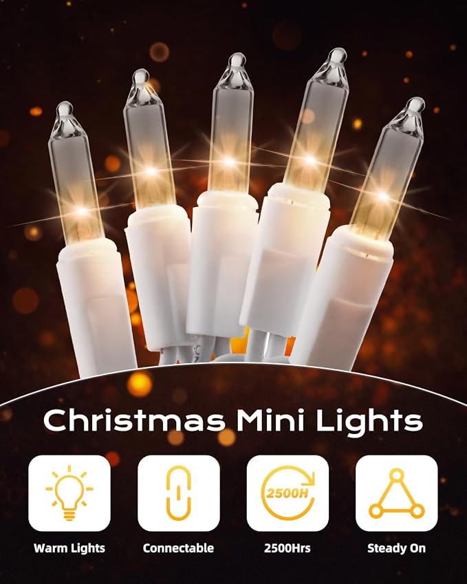 Brightown Clear Christmas String Lights, 200-Count 40ft Incandescent Bulb Mini Lights for Indoor Holiday Decor, Christmas Tree Garland Wedding Party Multi-Use Festival Decoration, White Wire