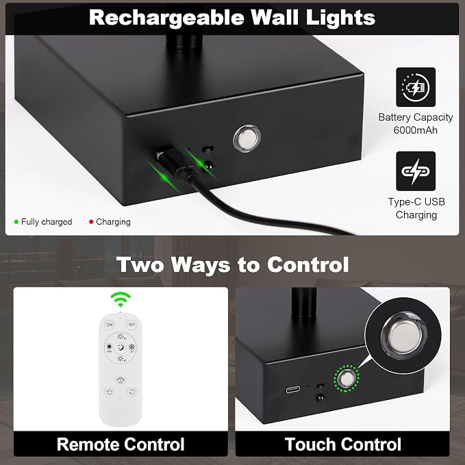Battery Operated Wall Sconce, 3000K-6000K Dimmable Black Wall Lights with Remote Control, Timable LED Wireless Wall Sconces, 350° Ratate for Bathroom, Living Room, Hallway 39.4 Inch 1 Pack