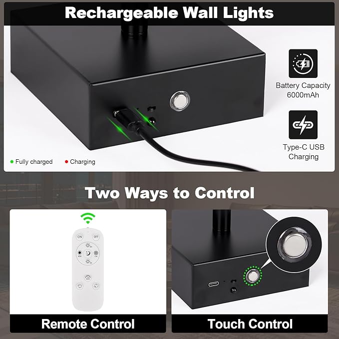 Battery Operated Wall Sconce, 5CCT Dimmable Black Wall Lights with Remote Control, Timable LED Wireless Wall Sconces, 350° Ratate for Bathroom, Living Room, Hallway 29.1 Inch 1 Pack