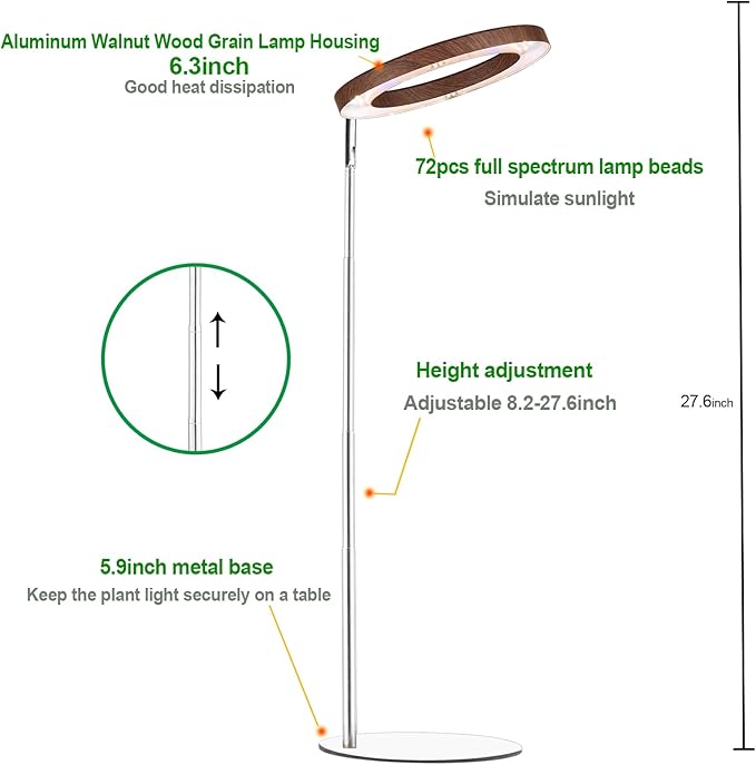 Yadoker 72 LEDs Plant Grow Light for Indoor Plant,Aluminum Walnut Wood Grain Desk LED Grow Light, Height Adjustable,6.3" Aluminum Housing,Automatic Timer with 8/12/16 Hours,10-Level Brightnes