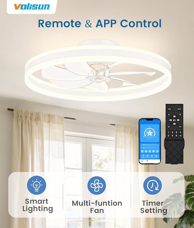 VOLISUN Low Profile Ceiling Fans with Lights and Remote, 27.6in Flush Mount Ceiling Fans with Light, 3000K-6500K Dimmable Fandelier LED Fan Light, White Bladeless Ceiling Fans with Lights for Bedroom