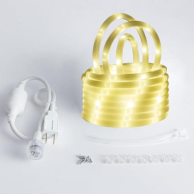 20ft LED Rope Lights Outdoor, 120 Warm White LEDs, Connectable, 110V, Waterproof, LED Rope Lighting for Indoor Outdoor Ceilings, lawns, Pools, House Outlines, bedrooms.