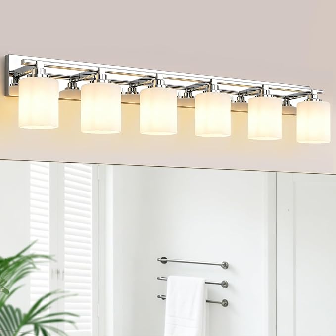 Modern Bathroom Lighting Fixtures Over Mirror, Vanity Lights for Bathroom, Wall Sconces with Milky White Glass Shades, E26 Ceramic Socket, 6-Light 43-inch Chrome
