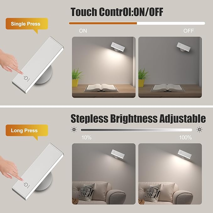 Honalia Rechargeable Wall Lights 2 Pack, Dimmable Wall Mounted Lamp with Magnetic 360 Rotation & Touch Control, Battery Operated Cordless Wall Sconce for Bedroom Bedside Reading