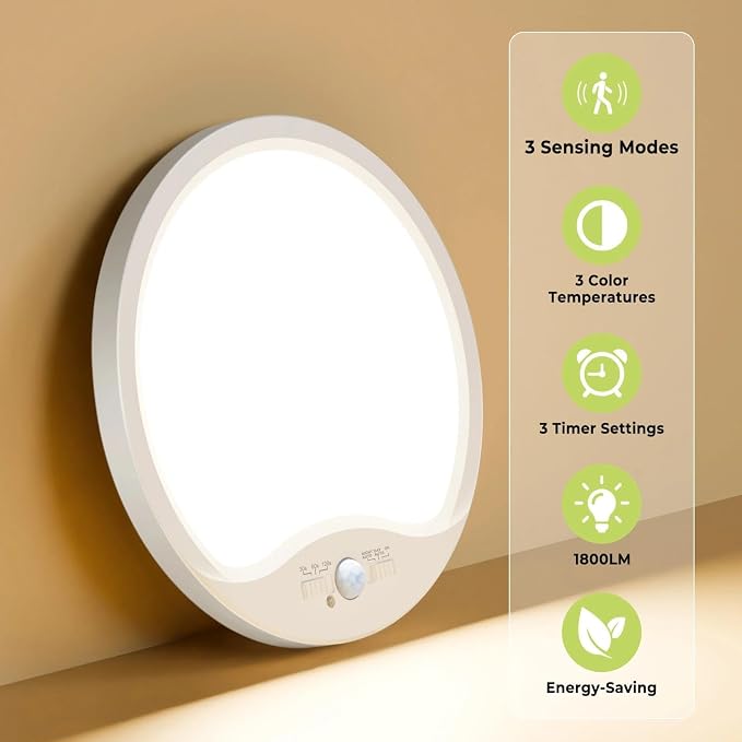 hepside 8.7Inch Motion Sensor Ceiling Light Wired, 3000K/4000K/6500K LED Flush Mount Ceiling Light Fixture,18W Motion Sensor Light Indoor with Timer for Closet Stair Porch Hallway Pantry,White