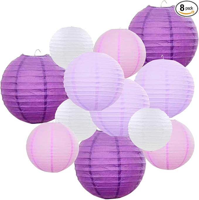 Purple Paper Lanterns 12 Pcs Assorted Size of 6" 8" 10" 12" Chinese Round Paper Hanging Decorations Ball Lanterns Lamps for Home Decorations, Parties, and Weddings