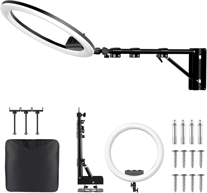 Ring Light Wall Mount with 3 Phone Holder 19", 45.7" Adjustable Boom Arm | 180° Rotatable Space-Saving Wall Mount Lighting Design for Photography, Makeup, Tattoo, Beauty Salon, Barber Studio