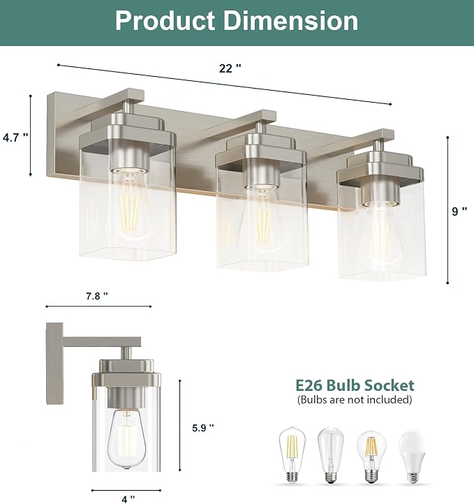 Brushed Nickel Bathroom Light Fixtures, 3 Lights Bathroom Lighting Fixtures Over Mirror, Square Design & Rectangle Large Backplate, Modern Vanity Lighting Fixtures, for Living Room/Bedroom
