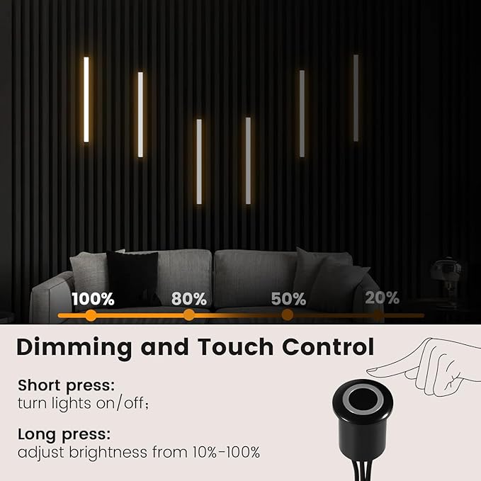 Wall Led Lights - GloryAir 6pcs Black 3000K Warm White Led Panel Light Strips, Self-Adhesive Dimmable Touch Switch Wall Slat Lights for Wood Slat, Fluted Panel, Bedroom Headboard
