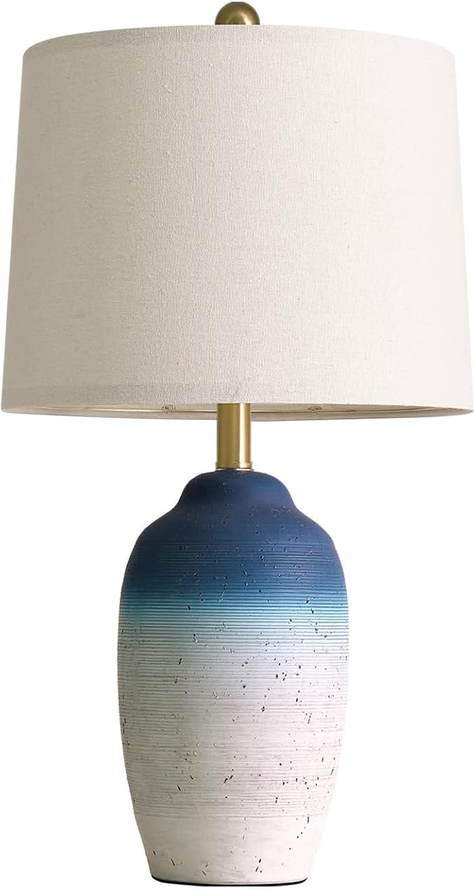 24.5" Vintage Ceramic Table Lamp with 5FT Cord - Single Farmhouse Rustic Bedside Lamp with Natural Textured Finish, Nightstand Lamps for Living Room, Bedroom, End Table, Office White and Blue