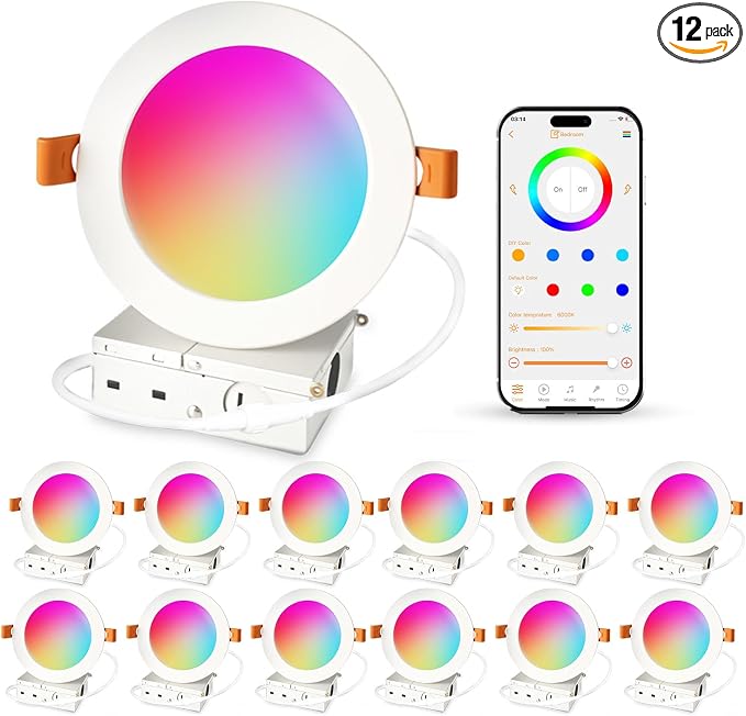 ILC 4 Inch LED Reccessed Downlights Work with Alexa (Echo Device Required), 10W Bluetooth MESH APP Controlled, RGB Color Changing, 2700K Warm White, 100W Equivalent, Recessed Ceiling Lights (12 Packs)