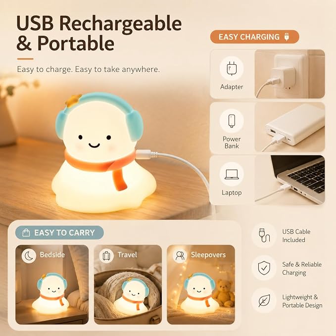 Snow Baby Night Light for Kids, Silicone Squishy Lamp, 3-Level Dimmable Touch Bedside Light, USB Rechargeable Nursery Lamp for Baby Bedroom, Birthday Christmas Gift
