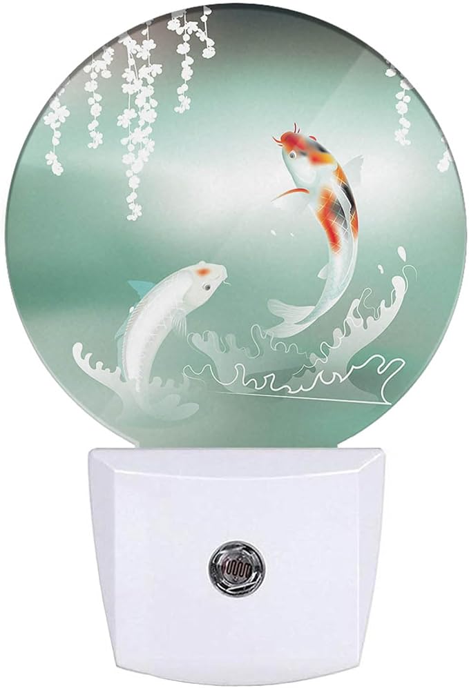 Pond Fish Night Light Two Fishes Jump Over Lake Flowers Branch Sage LED Dusk to Dawn Plug-in Nightlight Auto Sensor for Bedroom Bathroom Hallway Living Room