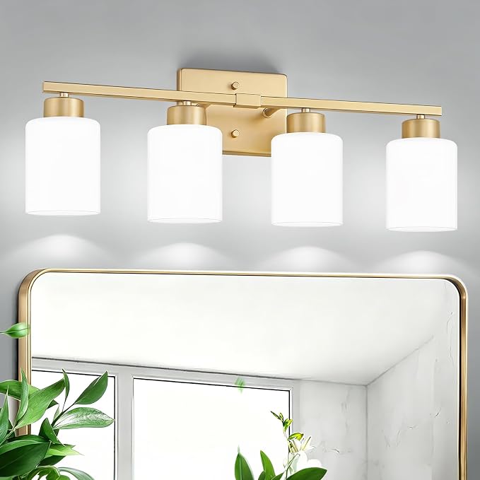 Gold Bathroom Light Fixtures Vanity Lighting Over Mirror | 4-Light Modern Wall Sconces with Milky White Frosted Glass Shades for Restroom (E26 Socket)