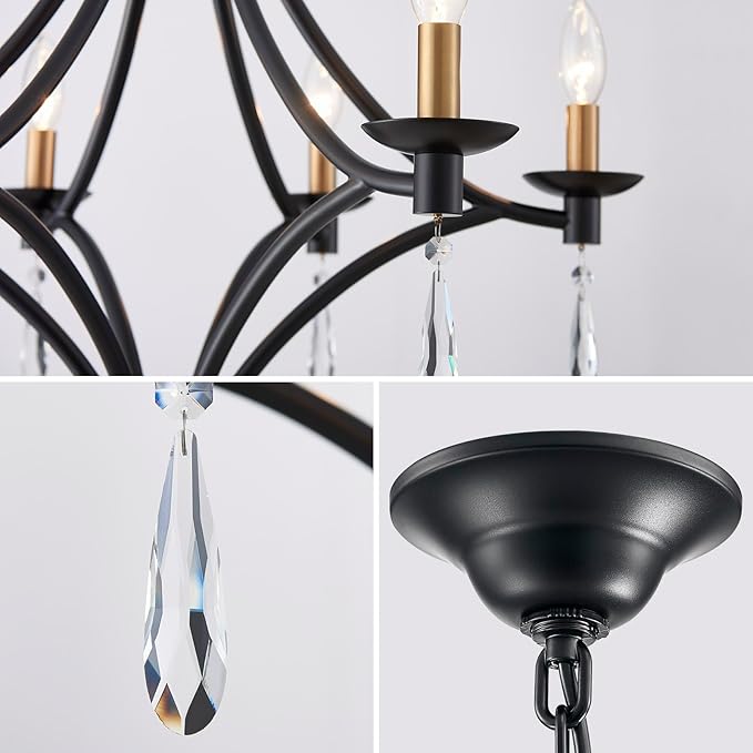 Modern Crystal Chandelier, 6-Lights Black and Gold Farmhouse Chandeliers for Dining Room Light Fixtures Hanging, Modern Black Pendant Light for Bedroom Foyer Living Room Kitchen Island Entryway Office