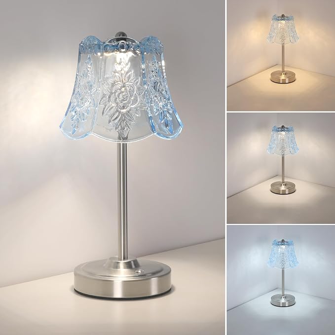 Shenmoyl Cordless Touch Table Lamp with 5200mAh Battery - 3 Adjustable Color Temperatures & Dimmable, Rechargeable Lamp for Bedroom, Living Room, Office, Entryway, Bookshelves (Clear Light Blue Rose)