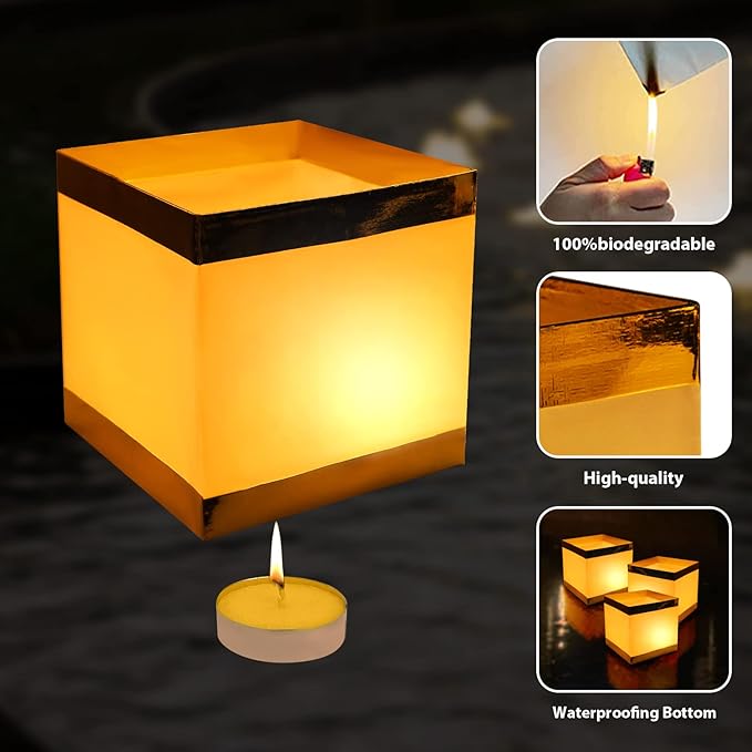 20Pack Paper Floating Water Lanterns,Gold+White Square Memorial Candle Lantern,Table Lanterns Decorative Outdoor for Weeding,Lawn,Pool,Wishing (20Pack Paper Lanterns with Candles)