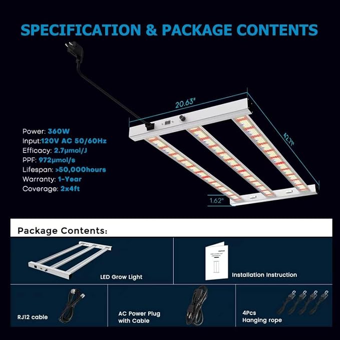 360W LED Grow Lights for Indoor Plants, Full Spectrum Foldable Growing Lamp, 2x4ft Coverage, 3 Bar Diodes Dimmable Daisy Chain Bar Style Grow Light for Indoor Growing