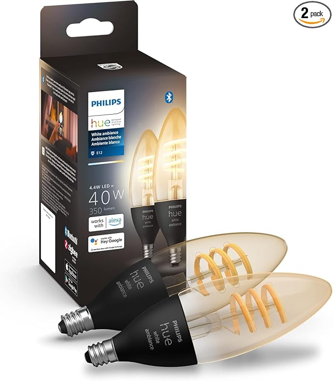 Philips Hue Smart 40W Candle-Shaped Filament LED Bulb - White Ambiance Warm-to-Cool White Light - 2 Pack - 350LM - E12 - Indoor - Control with Voice or App