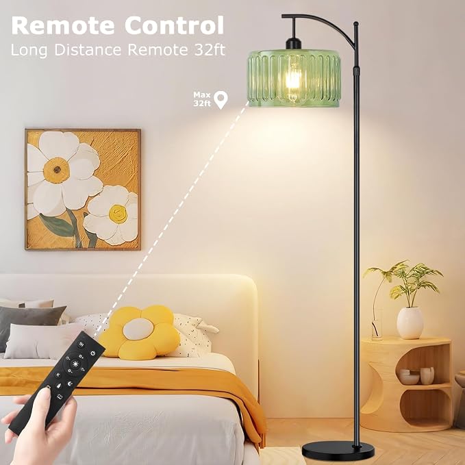 ILLMTW Black Floor Lamp for Living Room,Bedroom,Standing Lamp with Remote Dimmable Tall Lamp Vintage Retro Mid Century Modern Floor Lamps Arc Green Glass Lamp Floor Light Boho Bohemian