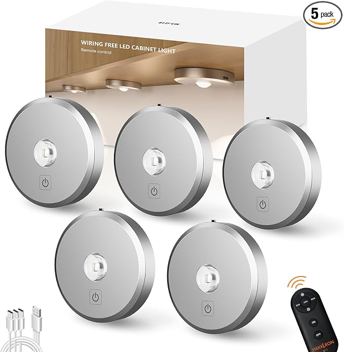 Puck Lights with Remote Control,Under Cabinet Lighting,Silver,5PCS | 2200mAh Rechargeable Push Light,3 Color Temperatures Dimmable Under Cabinet,Closet Light,Tap Light for Shelf,Bookcase