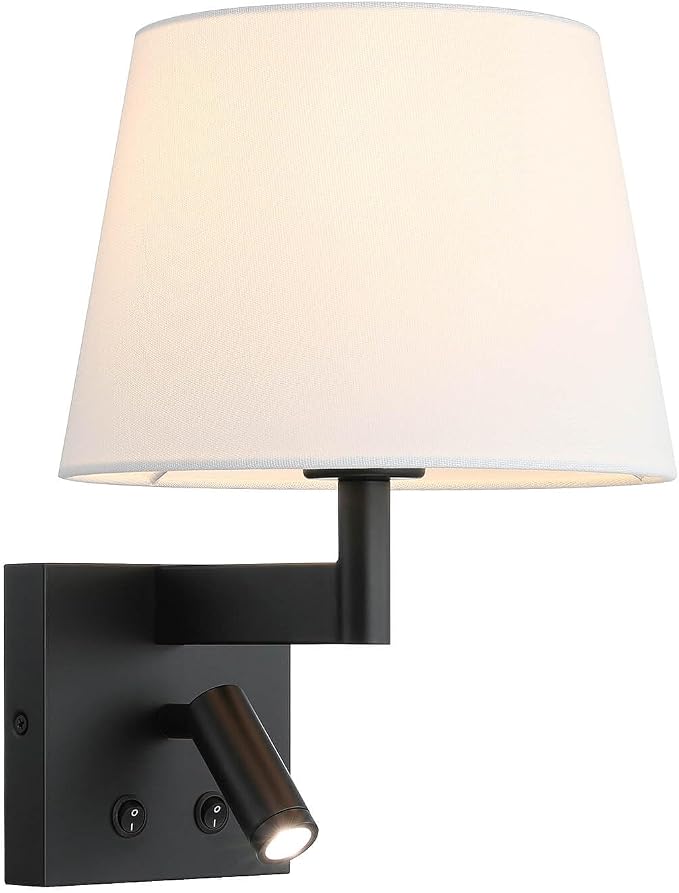 XiNBEi Lighting Wall Sconce LED Reading Light for Bedroom, Black, Hardwired | Linen Fabric Shade, On/Off Switch, Bedside Wall Lighting Fixture, Wall Mounted Lamp, For Living Room Study Hotel Office