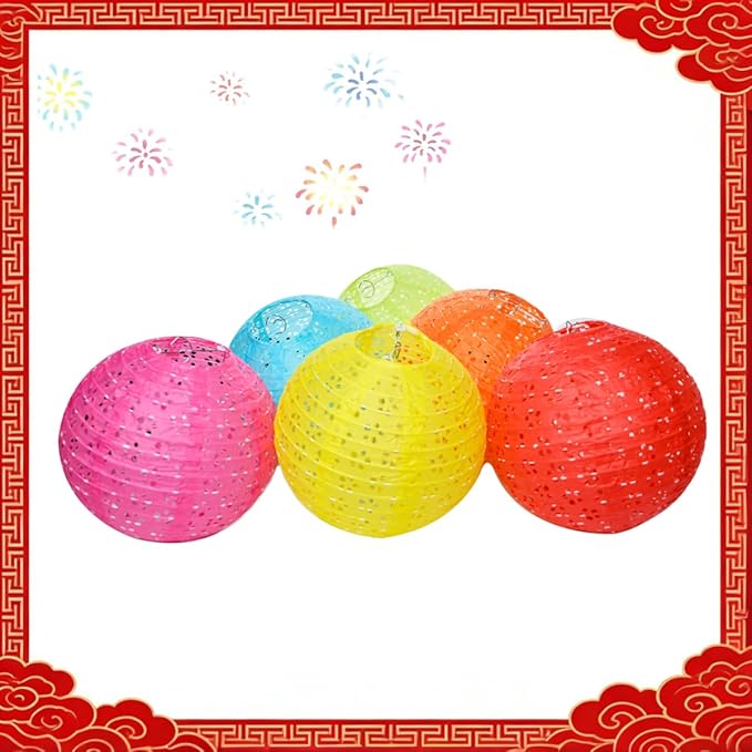 6Pcs Chinese Lunar New Year Decorations 2026 Chinese Paper Lanterns Decorative Japanese Hanging Paper Lantern with LED Lights Tassel Stick 8inch Round for Spring Festival Asian Party Home Decor