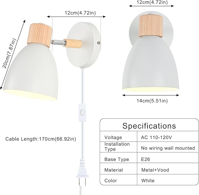 Wall Sconces Plug in, Swing Arm Wall Lamp with Power Cord, White Plug in Wall Lighting Fixtures Set of Two, Bedside Wall Mounted Reading Lamp with Switch, for Bedside Bedroom Hallway