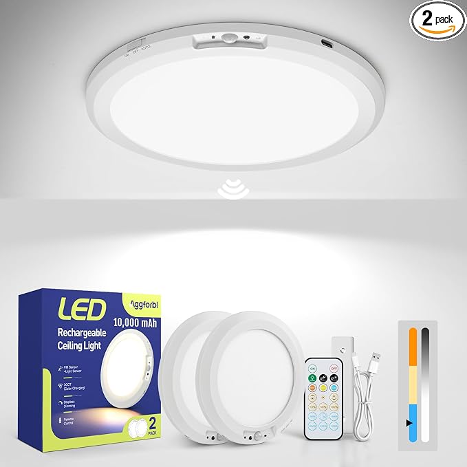 10000mAh Battery Operated Wireless Shower Light Waterproof 2 Pack | Rechargeable Motion Sensor Ceiling Light with Remote 3000K/4000K/6000K Dimmable Battery Powered LED Light for Closet Bathroom