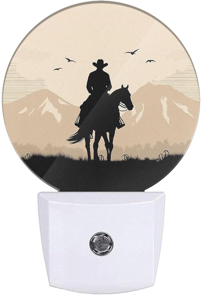Plug-in Cowboy on Horseback Night Light Vintage Western Scene Night Lights Plug into Wall with Auto on/Off Sensor, 0.5W LED Nightlight for Bedroom Bathroom Kitchen Hallway