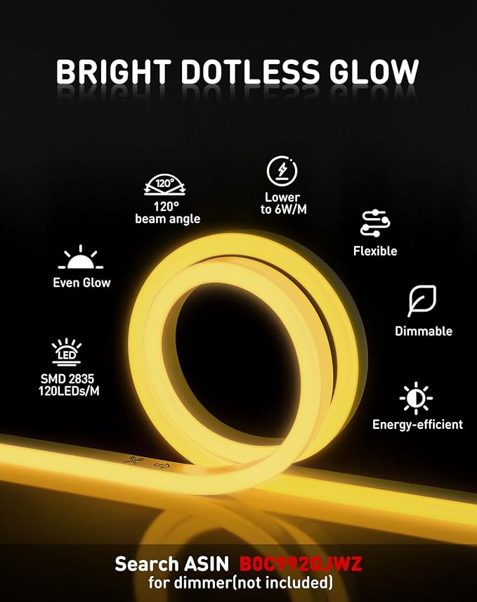 Shine Decor LED Rope Lights AC 120V, Connectable & Cuttable Dotless 120LEDs/M Eco Neon Strip Lighting, ETL IP65 Waterproof & Weather-Resistant for Home Commercial, 8x16mm, 2600K Warm White, 16.4FT