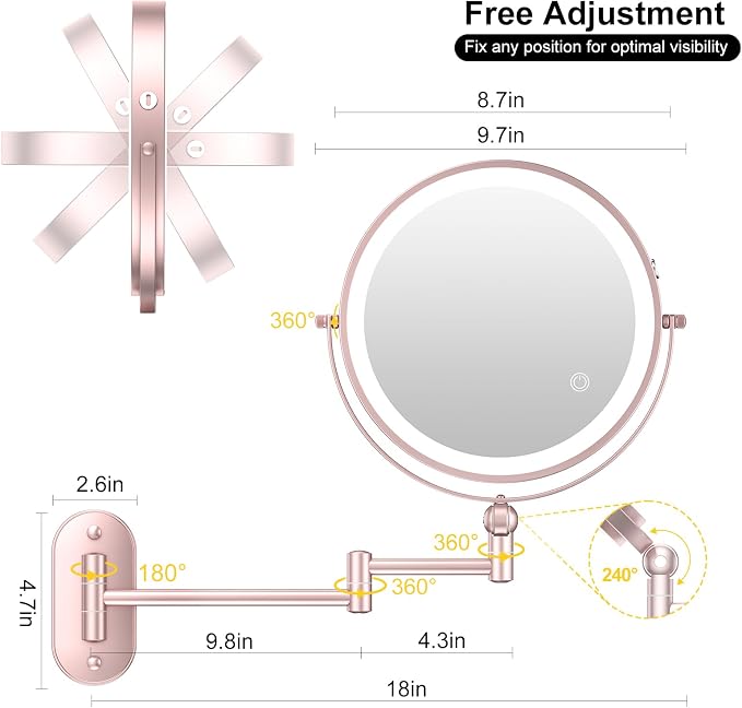 9" Wall Mounted Lighted Makeup Mirror,4000mAh Rechargeable Double Sided 1X/30X Magnifying Mirror with Light,Touch Dimmable,Extended Arm 360 Rotation Wall Mounted Makeup Mirror 3 Color Lights-gold