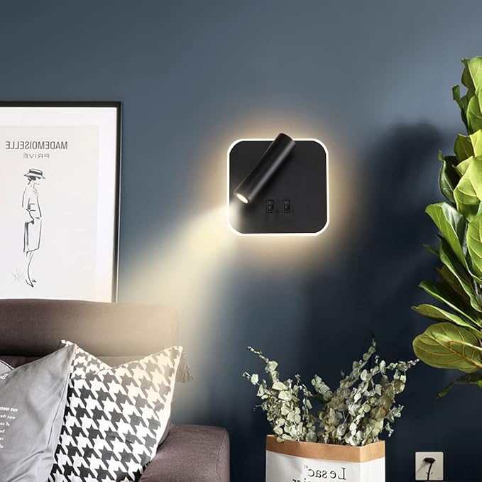 Wall Wash Light Black Bed LED with Interior Wall Adjustable Spotlight Reading lamp aluminio Wall lamp for Hallway Bedroom Stairs Hotels Indoor Bedside Lamp 3000K (3W + 10W)