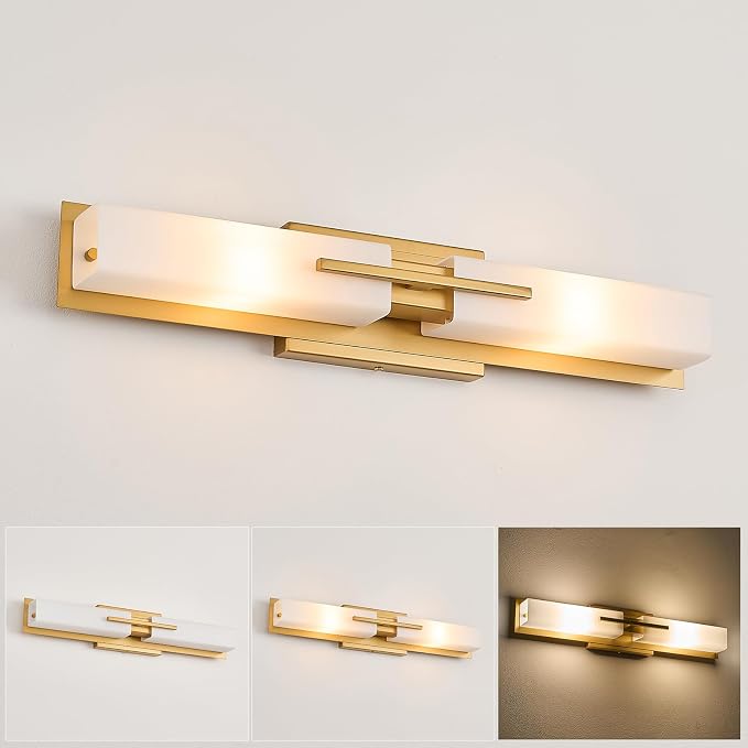 VitaLink Gold Vanity Light, 24” Modern Bathroom Wall Light Over Vanity Mirror 2-Light Hardwired Milky White Glass Wall Light for Bedroom Living Room Dining Room Hallway