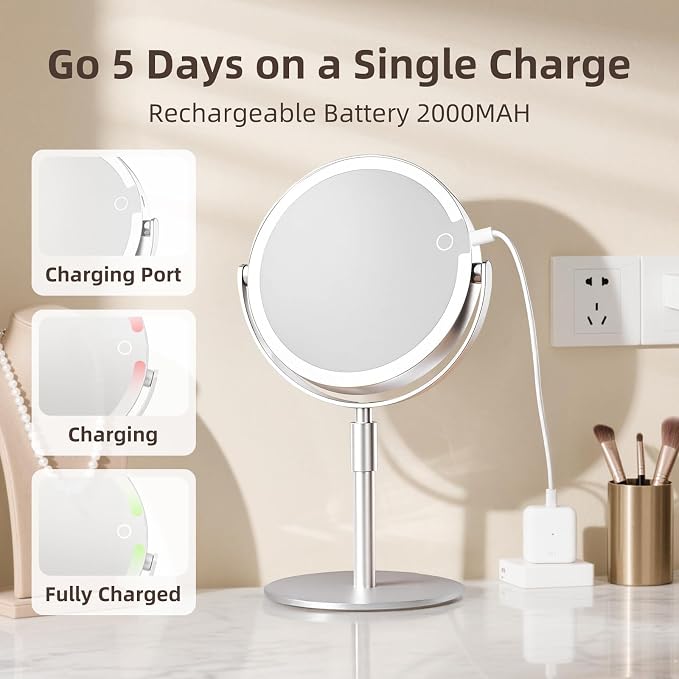 FRANO Makeup Mirror with Lights, Lightweight 8" Double-Sided Magnifying Vanity Mirror 1X/10X, Rechargeable, Adjustable Brightness with 3 Colors, Gift for Mom,Women, Wife, Girls, Dorm Room Essential